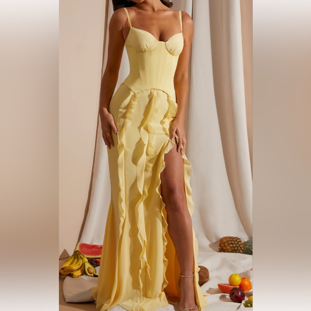 Corset Frill Skirt Maxi Dress in Yellow